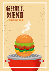 grill menu with delicious hamburger vector illustration design