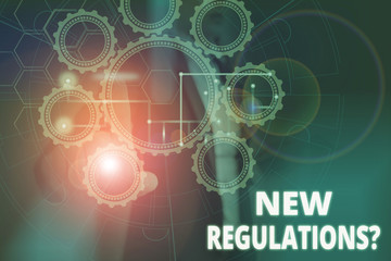 Text sign showing New Regulations Question. Business photo text rules made government order control way something is done Picture photo system network scheme modern technology smart device