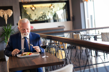 Senior businessman having lunch in restaurant