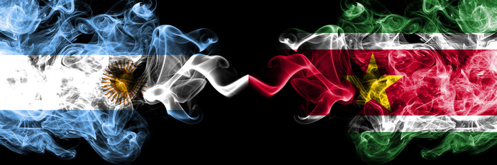 Argentina vs Suriname, Surinamese smoky mystic fire flags placed side by side. Thick colored silky...