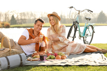 Happy young couple having picnic near lake on sunny day