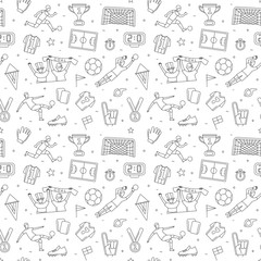 Soccer football player game match fans outline icons seamless background pattern.