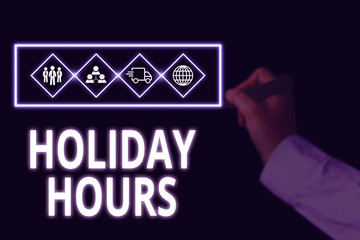 Conceptual hand writing showing Holiday Hours. Concept meaning employee receives twice their normal pay for all hours Picture photo network scheme with modern smart device