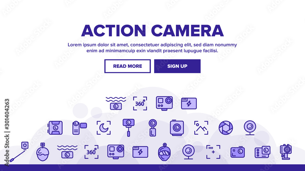 Poster collection action camera sign icons set vector thin line. types of camera linear pictograms. device 