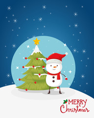 merry christmas poster with snowman and pine tree vector illustration design