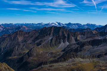 Naklejka na ściany i meble aerial view on mountains in the stubai alps, tyrol