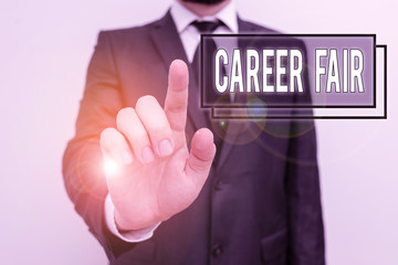 Text sign showing Career Fair. Business photo showcasing an event at which job seekers can meet possible employers Male human with beard wear formal working suit clothes raising one hand up