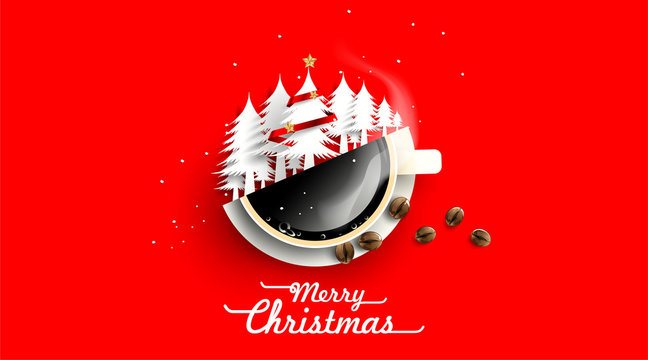 Christmas tree in cup off coffee and beans on white background from above. Hot drink smell of christmas simple concept . Winter coffee shop advertisement background. -Vector