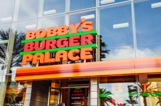 Las Vegas, USA - May 7, 2014: Closeup of Bobby's Burger Palace restaurant sign on strip
