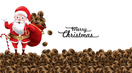 Happy funny santa claus holding bag full of coffee beans for christmas gift and present with waving and greeting. Winter holiday concept on white background. The smell of christmas. - Vector