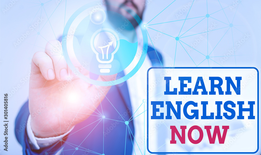 Poster writing note showing learn english now. business concept for gain or acquire knowledge and skill of 