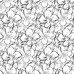 black and white flowers silhouette outline buds with leaves seamless pattern , repeatable vector texture tile square. scandinavian modern print 