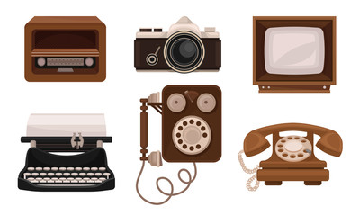 Retro Vintage Household Appliances And Mechanismes Flat Vector Illusration Set
