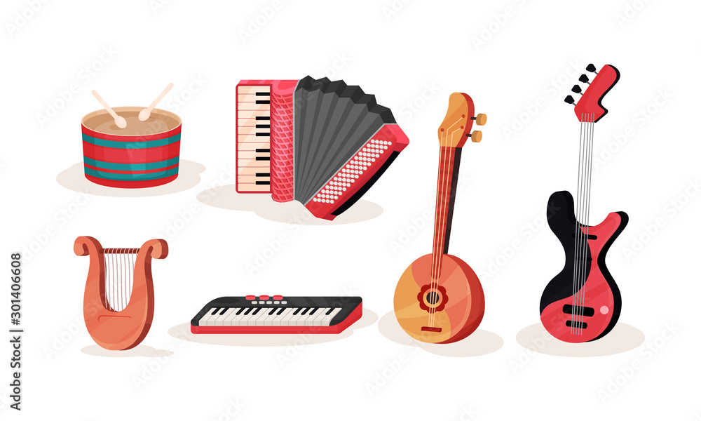 Poster different types of musical instruments vector illustration set isolated on white background