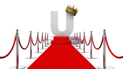  3D illustration of letter U wearing a crown on red carpet