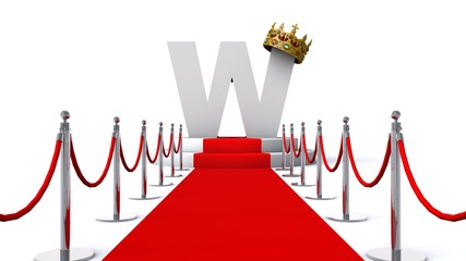  3D illustration of letter W wearing a crown on red carpet