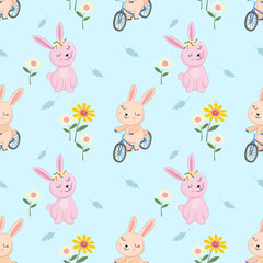Cute cartoon bunny on bicycle seamless pattern.