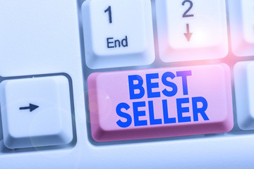 Handwriting text Best Seller. Conceptual photo new book or other product that has sold a great number of copies White pc keyboard with empty note paper above white background key copy space
