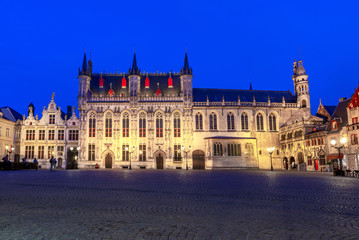 Bruges City hall at Burg square at night, Belgium