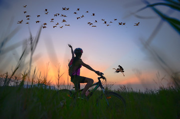 bird and flocks fly over medow lake with cheerfuly of woman rider bike in rise hand up in the field...