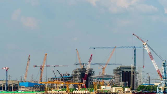 4K:Time-lapse: Crane building site. Power Plant Construction