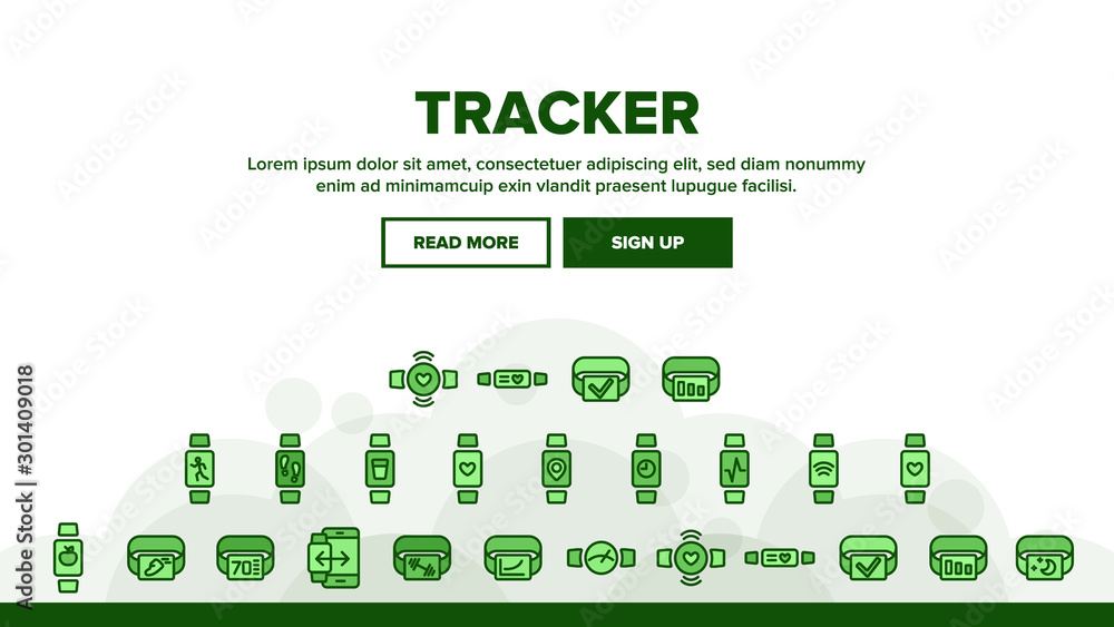 Poster collection watch tracker elements icons set vector thin line. different activity fitness tracker ele