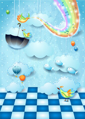 Paysage fantastique avec chambre, couleurs arc-en-ciel, musique et parapluie volant