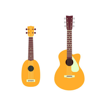 Acoustic guitar and ukulele isolated on white background. Vector musical instruments
