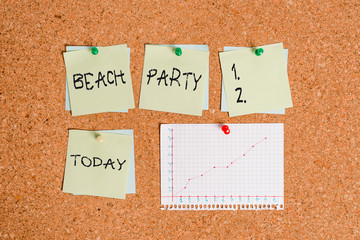 Conceptual hand writing showing Beach Party. Concept meaning large group of showing are organizing an event at the beach Corkboard size paper thumbtack sheet billboard notice board