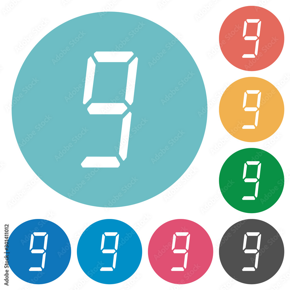 Aufkleber digital number nine of seven segment type flat round icons