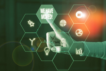 Word writing text We Have Moved. Business photo showcasing To go from one residence or location to another Relocate Picture photo system network scheme modern technology smart device