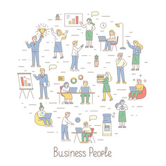 Teamwork line art vector set. Office workplace, meeting. People working together in the office. Flat vector illustration.