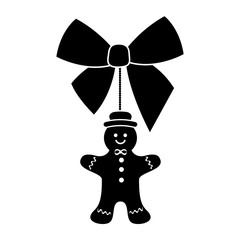 silhouette of bow ribbon christmas with ginger cookie hanging vector illustration design
