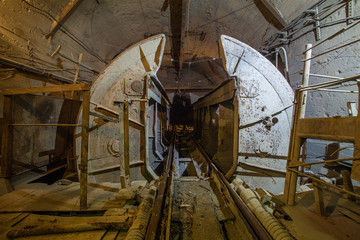 Gold iron mine ore shaft tunnel with miner wagon dumper tipper