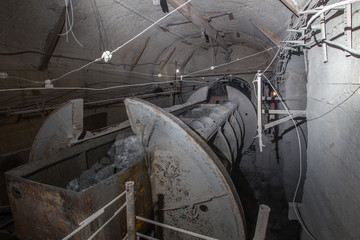 Gold iron mine ore shaft tunnel with miner wagon dumper tipper