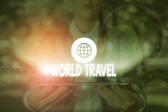 Writing note showing World Travel. Business concept for the movement of showing between distant geographical locations