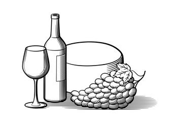 Composition of wine bottle, empty wineglass, cheese wheel and bunch of grapes with leaf. Black and white stylized vector illustration