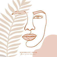 Continuous line, drawing of woman face, fashion concept, woman beauty minimalist with geometric doodle Abstract floral elements pastel colors. One line continuous drawing. vector illustration