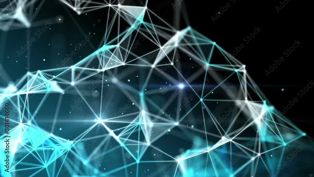 Poster Plexus blue lines, dots, polygons and flickering lights in smooth organic slow motion with dust particles. Futuristic technology and science abstract background. Depth of field settings. 3D rendering