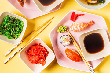 Table with traditional japanese food.