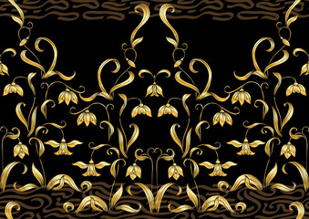 Galanthus, snowdrop, nivalis. Seamless pattern, background. Colored line art vector illustration. In art nouveau style, vintage, old, retro style. on soft grey background..