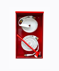 Red fire hose cabinet. There is a fire hose length of several meters in white color. With an ax to break the cabinet in an emergency. When there is a fire incident, use to extinguish the fire.
