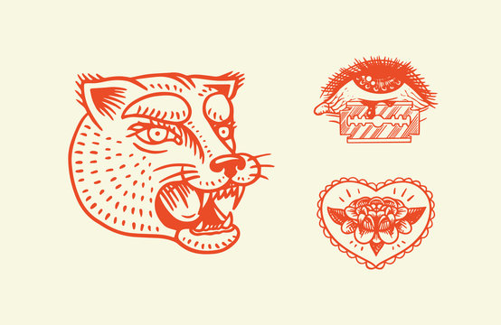Old school Tattoo stickers. Panther, heart and eye. Engraved hand drawn vintage retro sketch for notebook or logo.