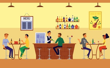 People in bar or pub drinking alcoholic beverages, flat vector illustration.