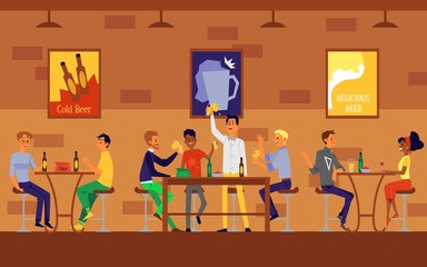 Beer bar or restaurant interior with people flat cartoon vector illustration.