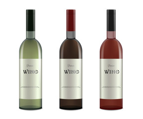 Set of alcohol wine bottles with labels realistic vector mockup isolated.