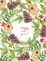 New year poster with watercolor cones, spruce branch and berries.