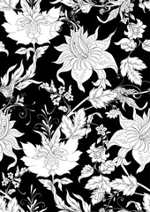 Fantasy flowers in retro, vintage, jacobean embroidery style. Seamless pattern background. Black and white graphics Vector illustration