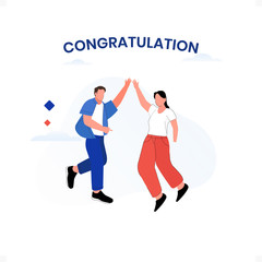 Two people giving high five to celebrate the happy moment of the day, happy man and women greeting each other vector illustration