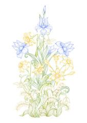 A bouquet of spring flowers. Element for design. Vector illustration. In art nouveau style, vintage, old, retro style. Isolated on white background..